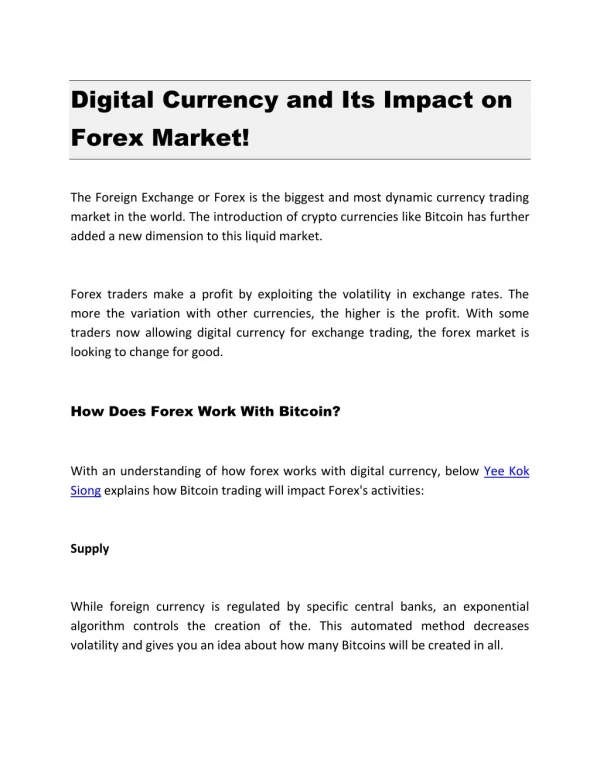 Digital Currency and Its Impact on Forex Market!