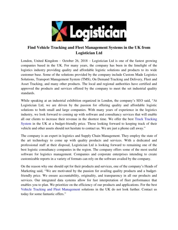 Find Vehicle Tracking and Fleet Management Systems in the UK from Logistician Ltd