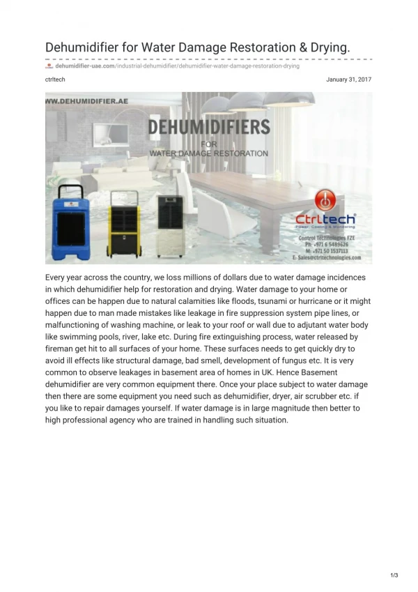 Dehumidifier, dryer & air mover for water damage repair