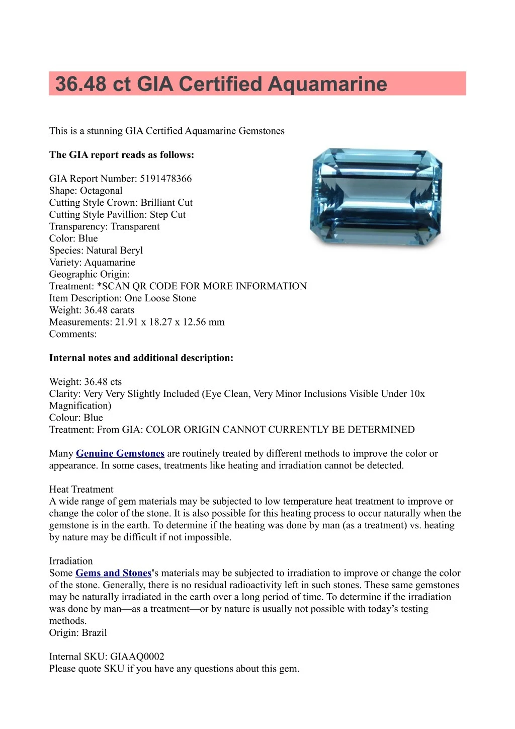 36 48 ct gia certified aquamarine