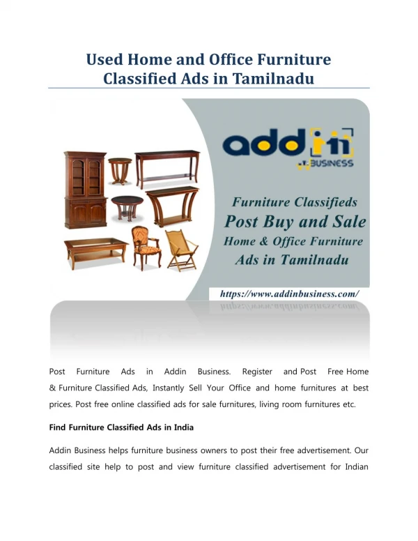 Used Home and Office Furniture Classified Ads in Tamilnadu