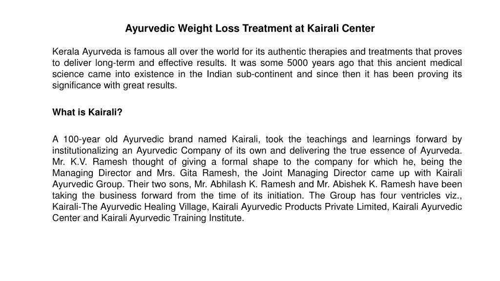 ayurvedic weight loss treatment at kairali center
