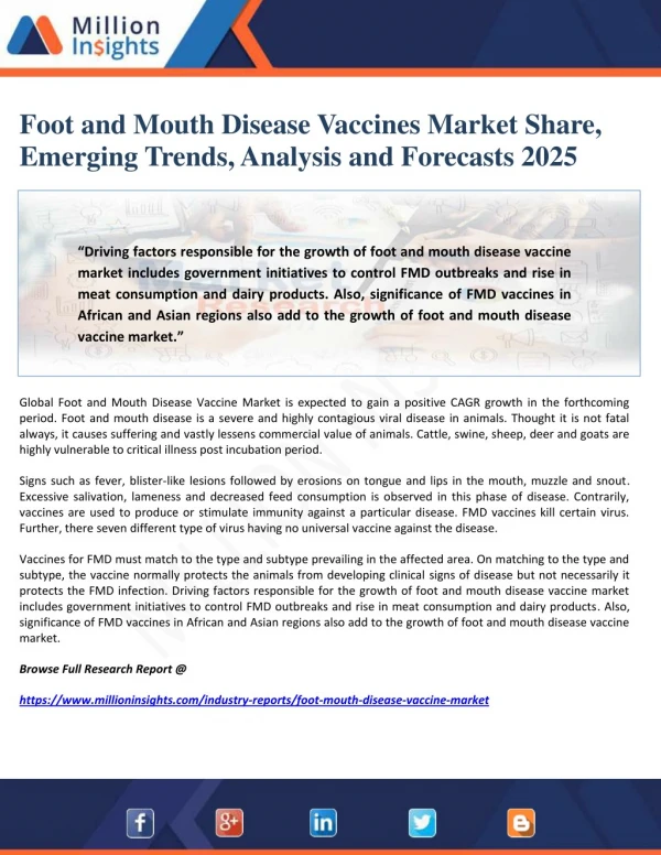 Foot and Mouth Disease Vaccines Market Share, Emerging Trends, Analysis and Forecasts 2025
