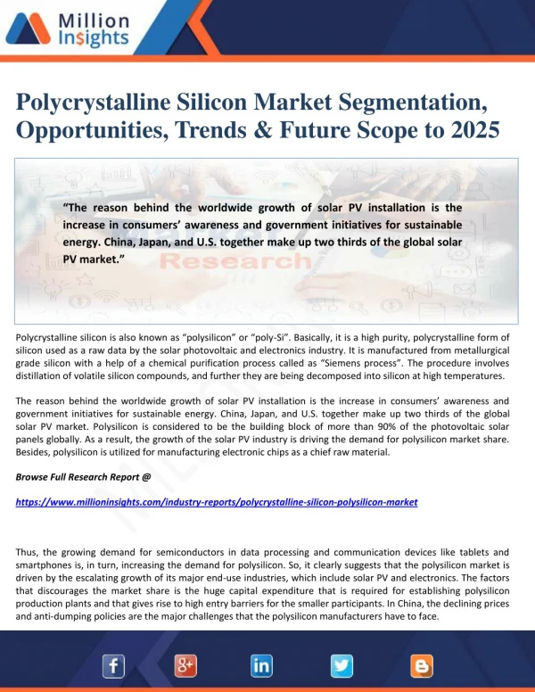 Polycrystalline Silicon Market Segmentation, Opportunities, Trends & Future Scope to 2025