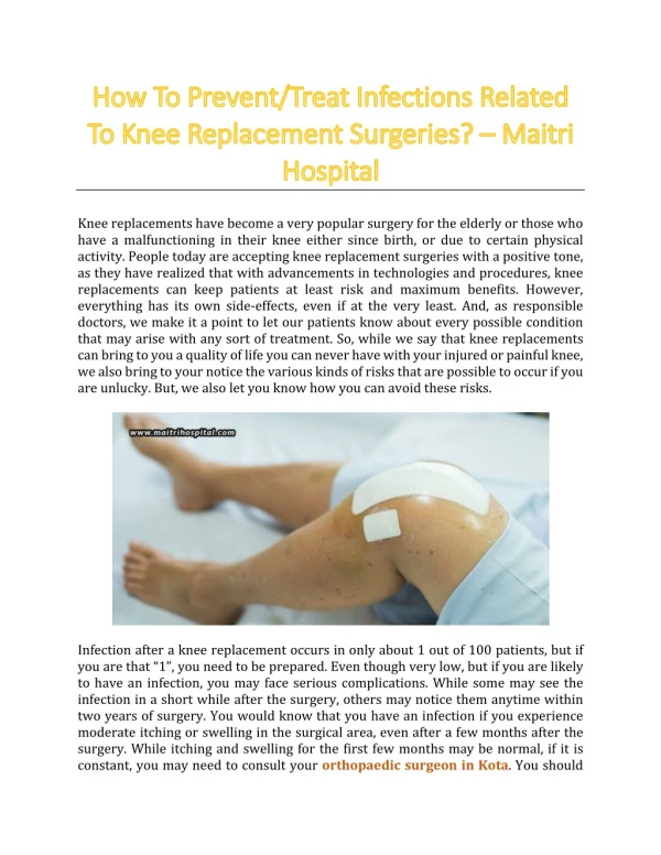 How To Prevent/Treat Infections Related To Knee Replacement Surgeries? - Maitri Hospital