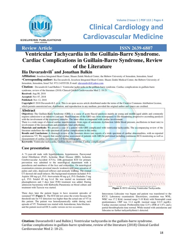 Ventricular Tachycardia in the Guillain-Barre Syndrome. Cardiac Complications in Guillain-Barre Syndrome, Review of the