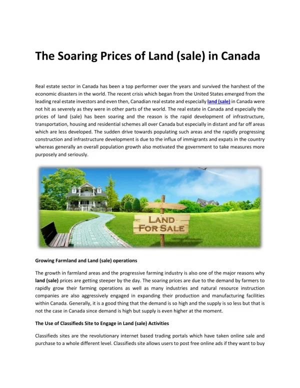 The Soaring Prices of Land (sale) in Canada