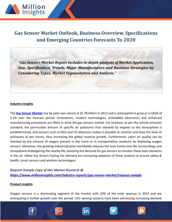 Gas Sensor Market Outlook, Business Overview, Specifications and Emerging Countries Forecasts To 2020