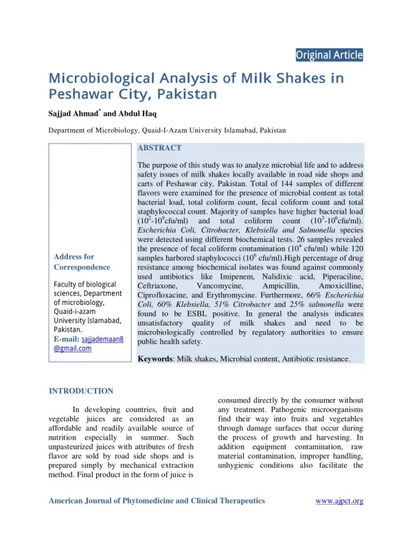 Microbiological Analysis of Milk Shakes in Peshawar City, Pakistan