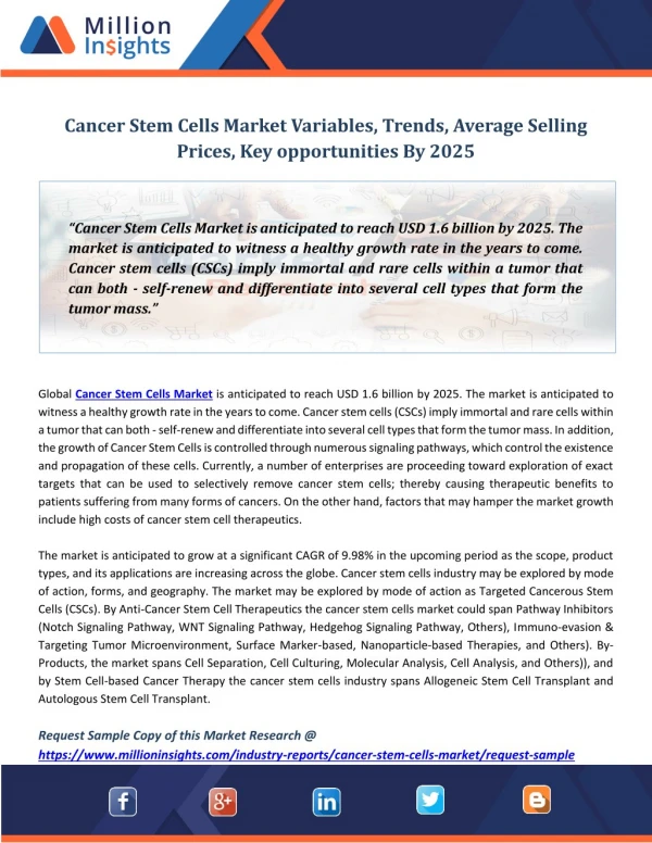 Cancer Stem Cells Market Variables, Trends, Average Selling Prices, Key opportunities By 2025