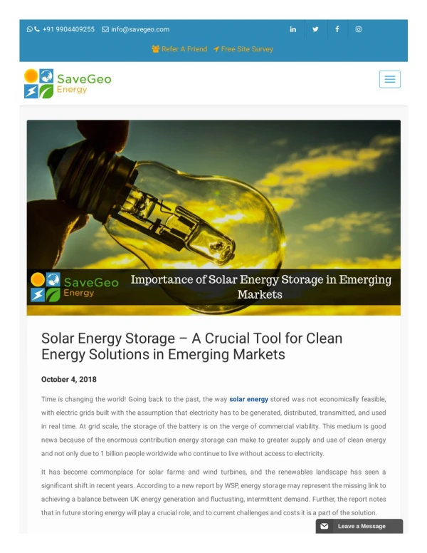 Solar Energy Storage – A Crucial Tool for Clean Energy Solutions in Emerging Markets