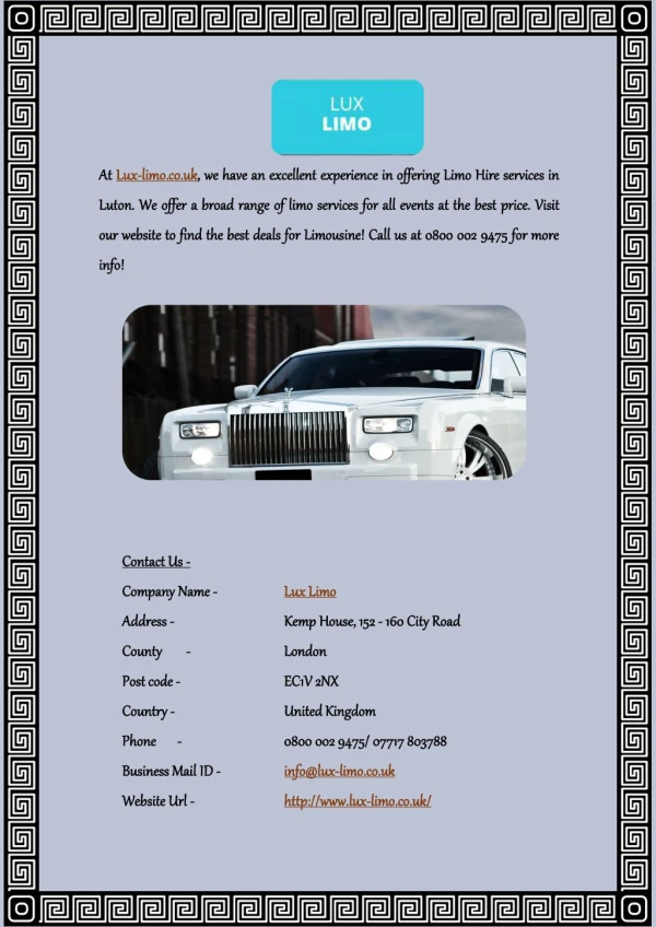 Birmingham Limo Hire at Best Price: Lux-limo.co.uk
