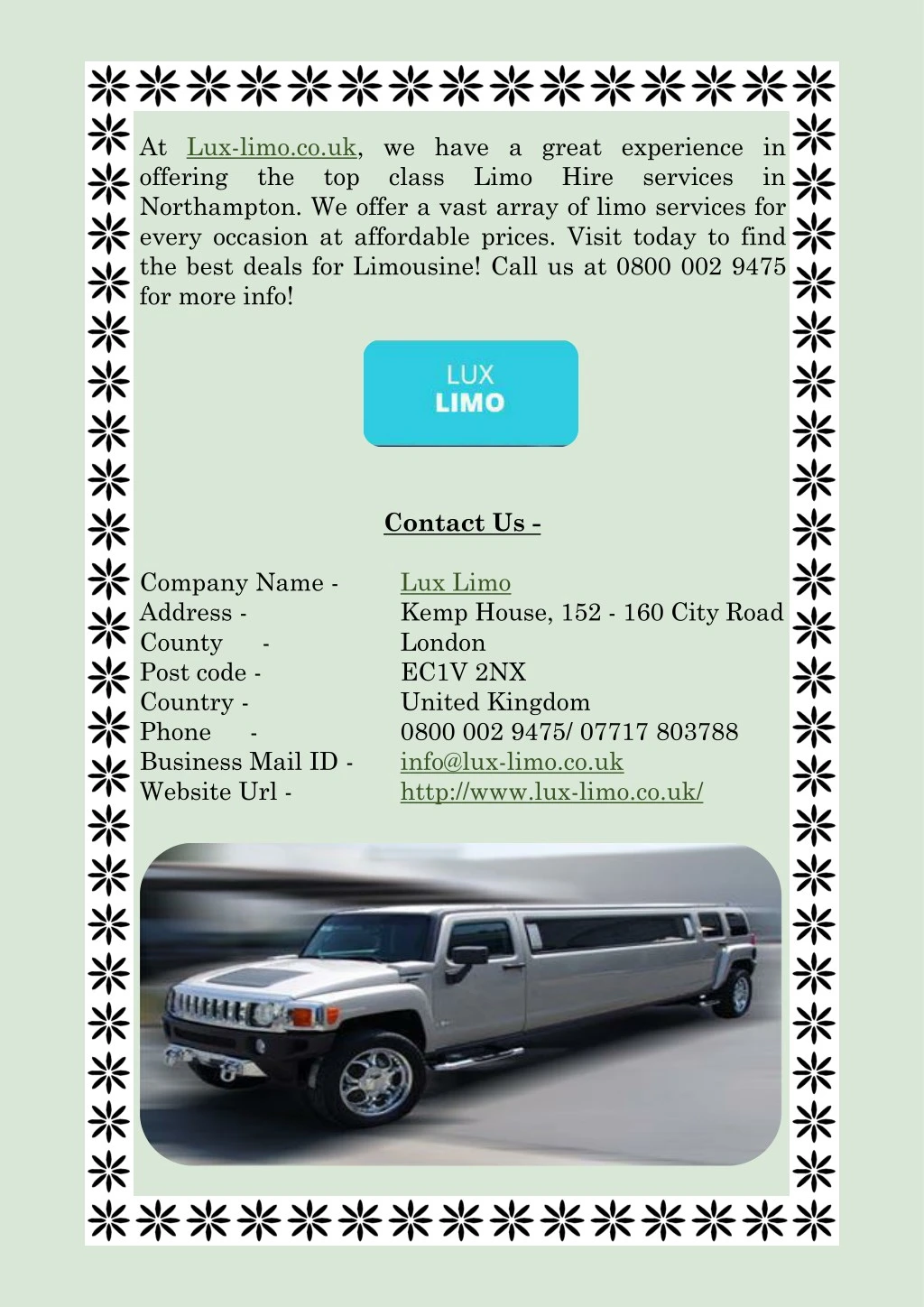 at lux limo co uk we have a great experience