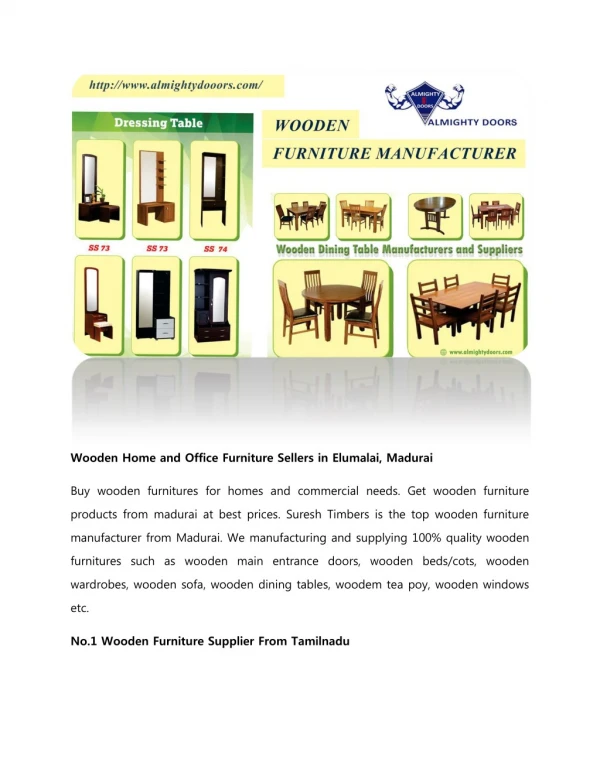 Wooden Home and Office Furniture Sellers in Elumalai, Madurai