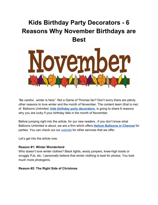 Kids Birthday Party Decorators - 6 Reasons Why November Birthdays are Best