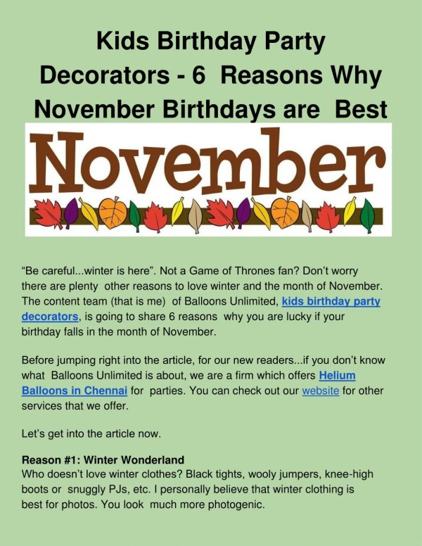 Kids Birthday Party Decorators - 6 Reasons Why November Birthdays are Best