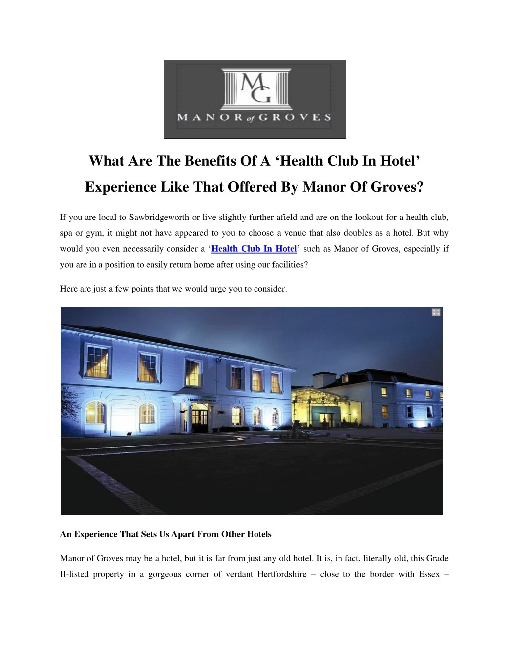 what are the benefits of a health club in hotel