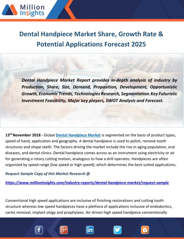Dental Handpiece Market Share, Growth Rate & Potential Applications Forecast 2025