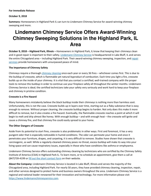 Lindemann Chimney Service Offers Award-Winning Chimney Sweeping Solutions in the Highland Park, IL Area