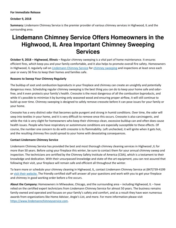Lindemann Chimney Service Offers Homeowners in the Highwood, IL Area Important Chimney Sweeping Services