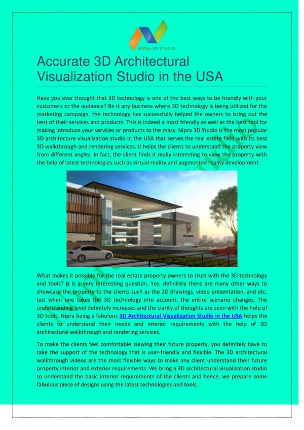 Accurate 3D Architectural Visualization Studio in the USA