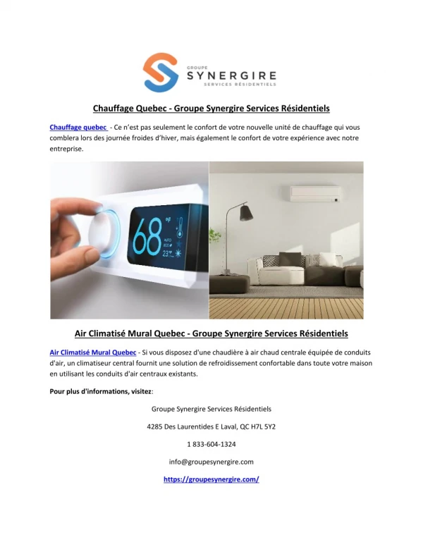 Chauffage Quebec - Groupe Synergire Services Résidentiels