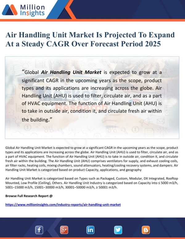 Air Handling Unit Market Is Projected To Expand At A Steady CAGR Over Forecast Period 2025