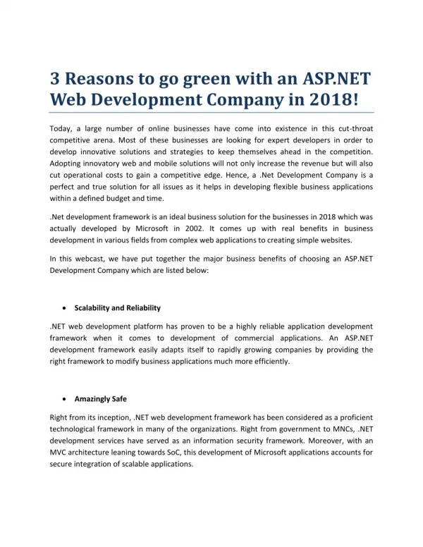 3 Reasons to go green with an ASP.NET Web Development Company in 2018!