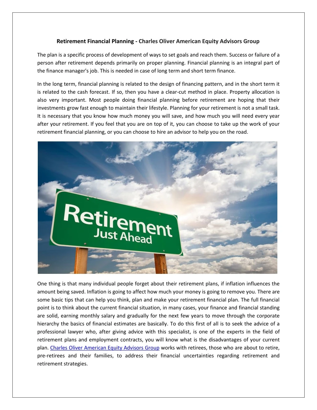 retirement financial planning charles oliver