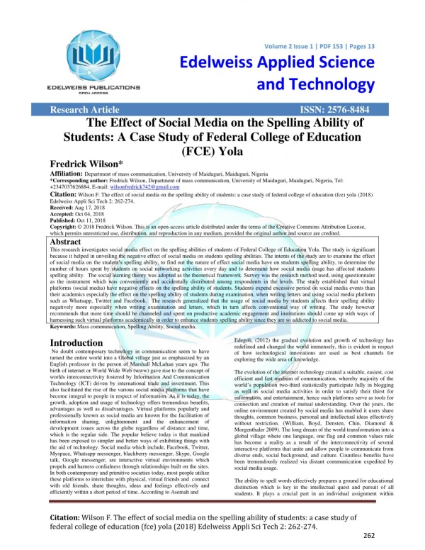The Effect of Social Media on the Spelling Ability of Students: A Case Study of Federal College of Education (FCE) Yola