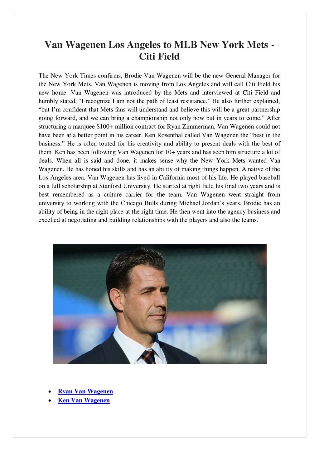 van wagenen los angeles to mlb new york mets citi