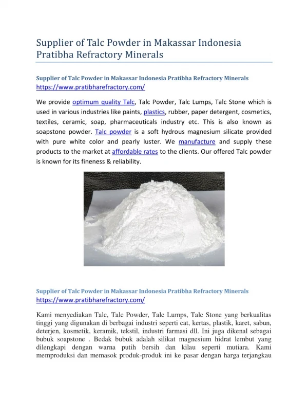 Supplier of Talc Powder in Makassar Indonesia Pratibha Refractory Minerals