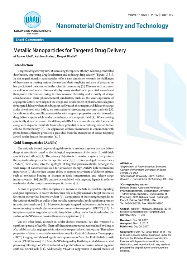 Metallic Nanoparticles for Targeted Drug Delivery