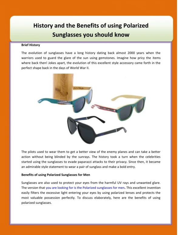 History and the Benefits of using Polarized Sunglasses you should know