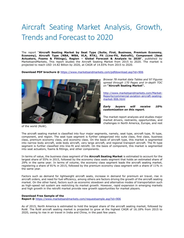 Aircraft Seating Market Analysis, Growth, Trends and Forecast to 2020