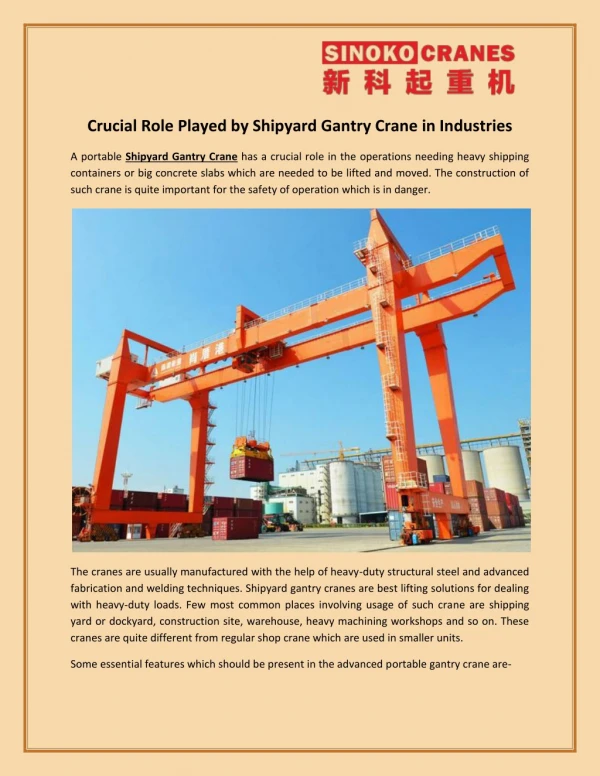 Crucial Role Played by Shipyard Gantry Crane in Industries