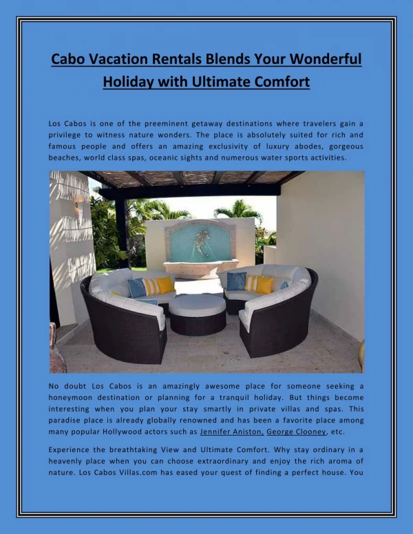Cabo Vacation Rentals Blends Your Wonderful Holiday with Ultimate Comfort