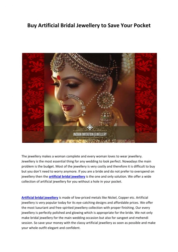 Buy artificial bridal Jewellery to save your pocket