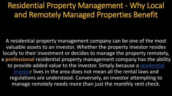 Residential Property Management - Why Local and Remotely Managed Properties Benefit