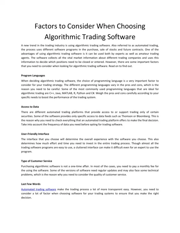 Factors to Consider When Choosing Algorithmic Trading Software