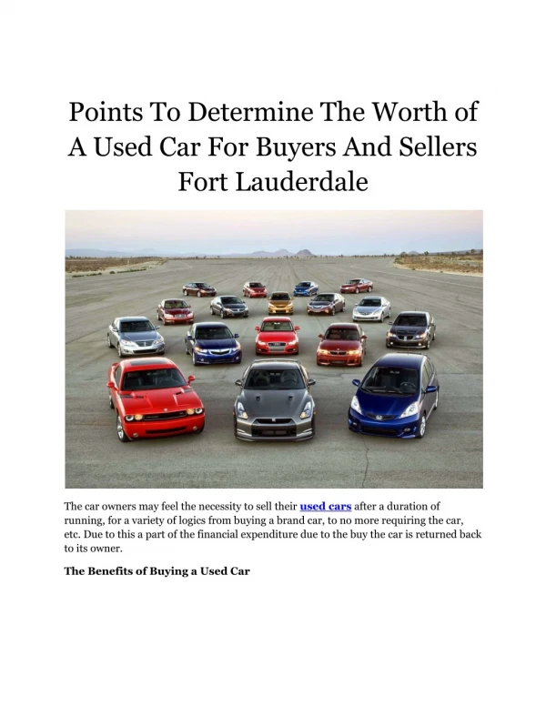 Points To Determine The Worth of A Used Car For Buyers And Sellers Fort Lauderdale