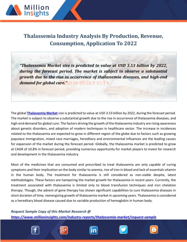 Thalassemia Industry Analysis By Production, Revenue, Consumption, Application To 2022