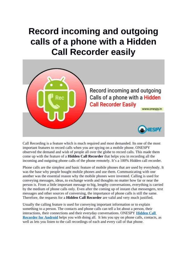 Record incoming and outgoing calls of a phone with a Hidden Call Recorder easily