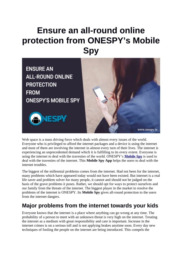 Ensure an all-round online protection from ONESPY’s Mobile Spy