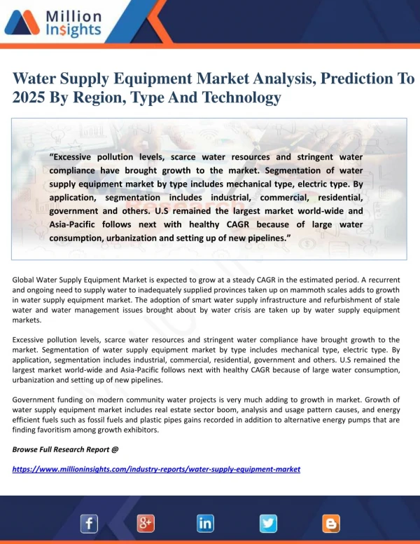 Water Supply Equipment Market Analysis, Prediction To 2025 By Region, Type And Technology