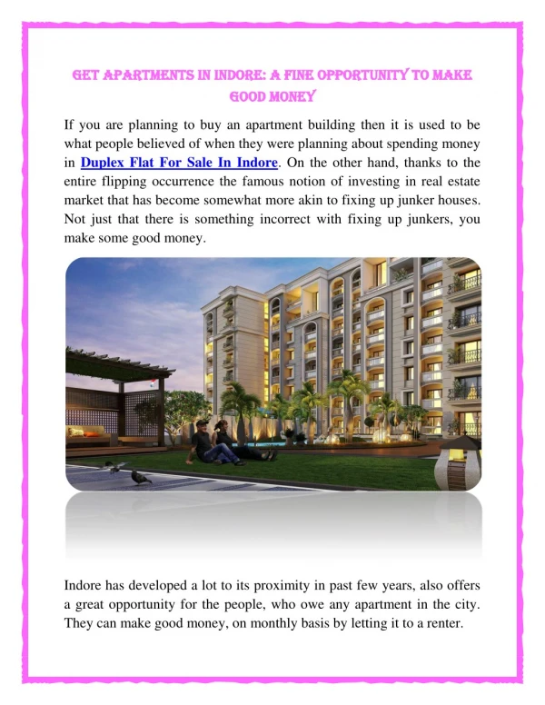 Get Apartments In Indore A Fine Opportunity To Make Good Money