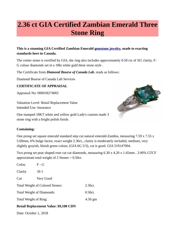 2.36 ct GIA Certified Zambian Emerald Three Stone Ring Gemstone