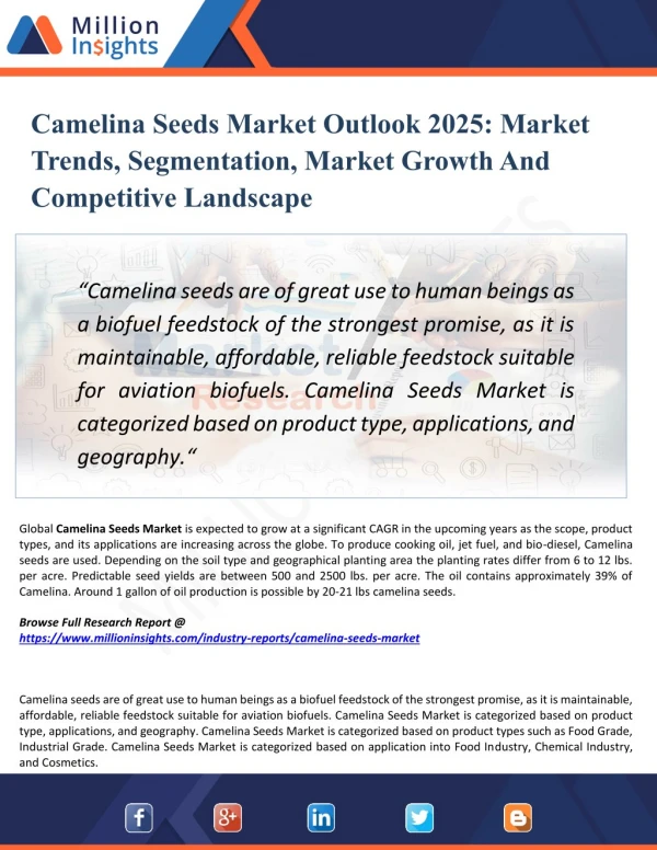 Camelina Seeds Market Trends, Growth, Type and Application, Manufacturers, Regions & Forecast to 2025