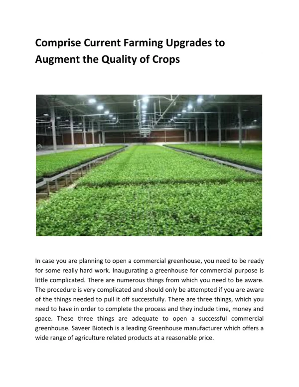 Comprise Current Farming Upgrades to Augment the Quality of Crops