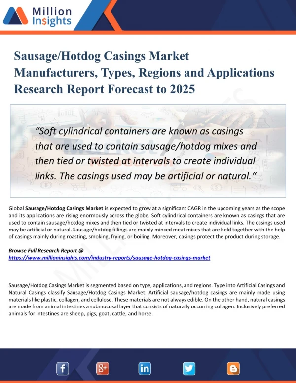 Sausage/Hotdog Casings Market 2025 Opportunities, Applications, Drivers, Challenges, Types, Countries, & Forecast